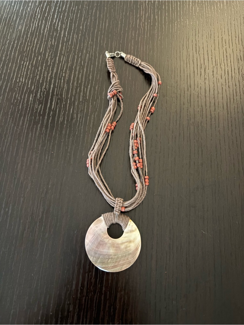 Handmade Brown Bead Multi-Strand Necklace with Abalone Shell Pendant